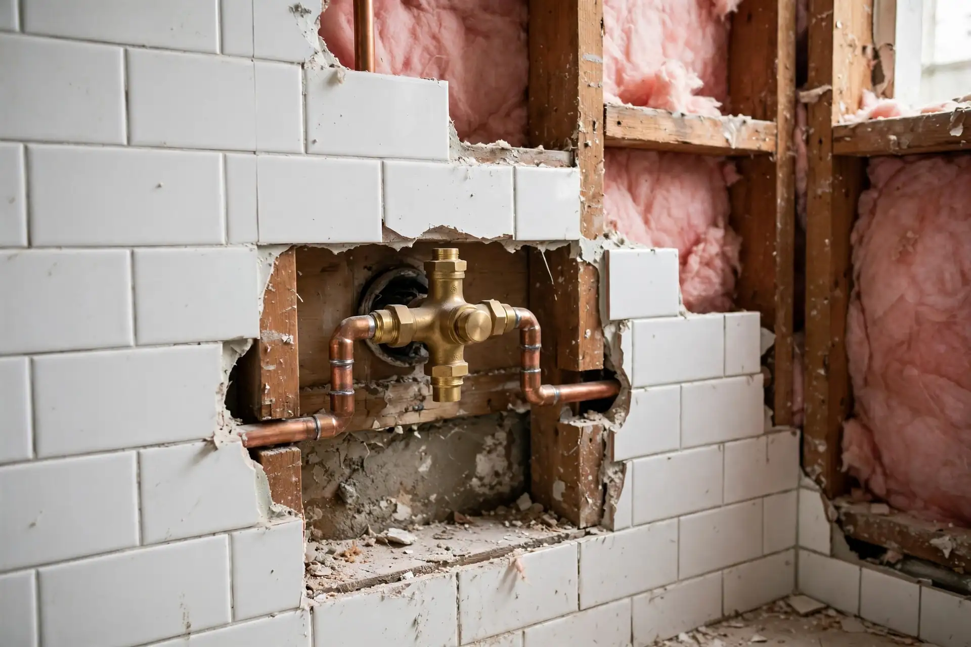Plumber repairing a shower valve in an Anaheim bathroom
