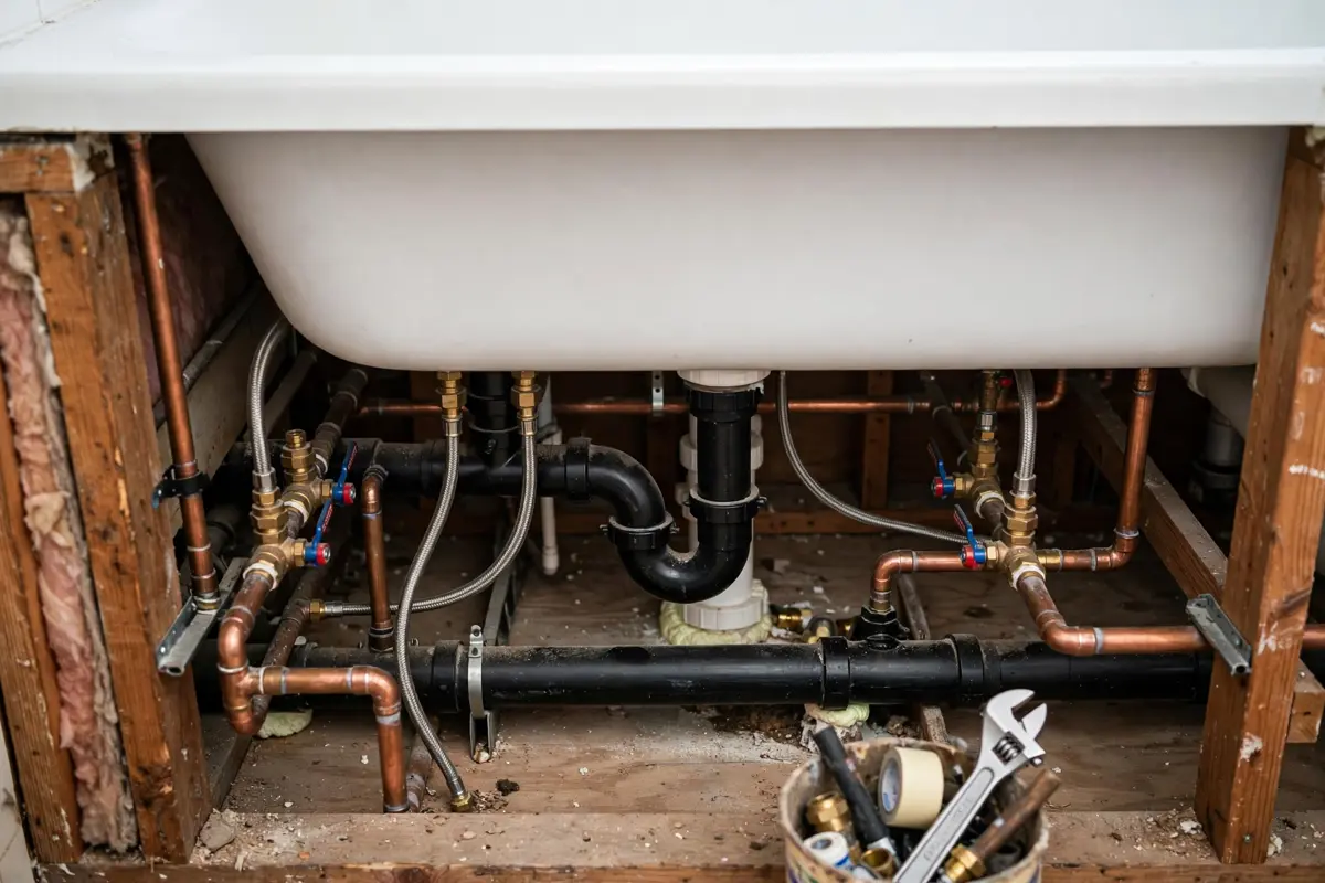 Plumber installing a new bathtub in an Anaheim bathroom
