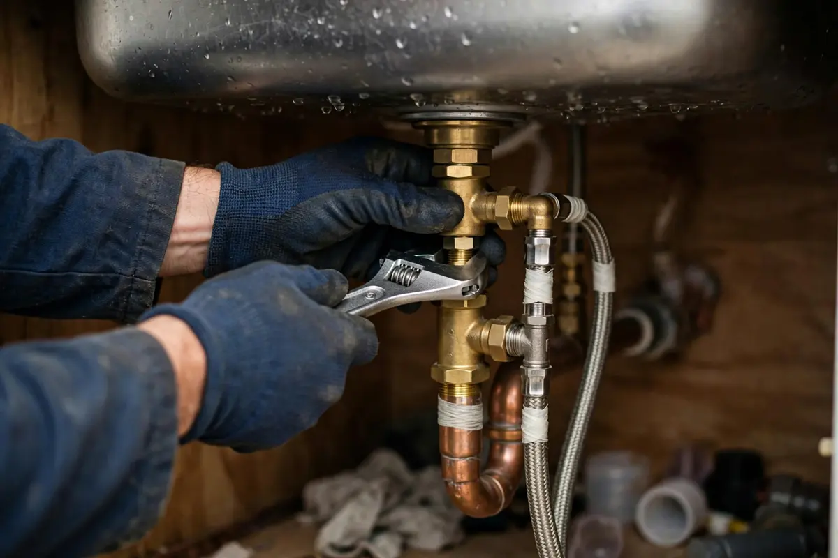 Plumber repairing a dripping kitchen faucet in Anaheim