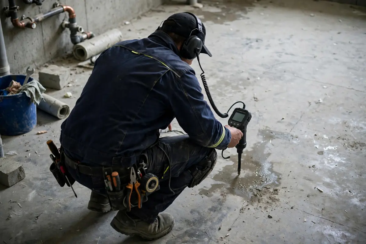 Plumber in Anaheim listening for a hidden supply leak behind a wall